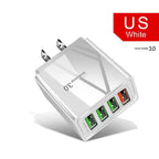 Quick Charge 3.0 USB charger in white with 4 ports and US plug, highlighting fast-charging capabilities.