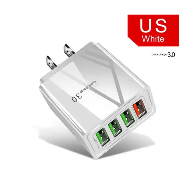 Quick Charge 3.0 USB charger in white with 4 ports and US plug, highlighting fast-charging capabilities.