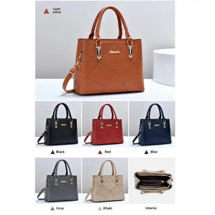 Quilted faux leather satchel handbag in six colors, earth yellow, black, red, blue, gray, khaki with gold hardware.