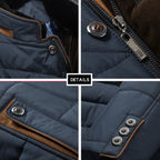 Close-up details of quilted insulated jacket showing collar, zipper, stitching, and pocket finishes.