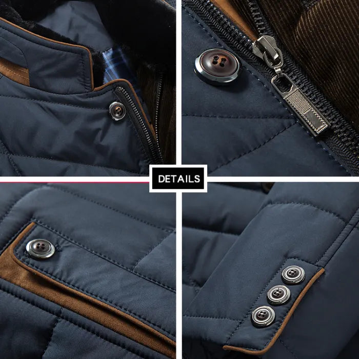 Close-up details of quilted insulated jacket showing collar, zipper, stitching, and pocket finishes.