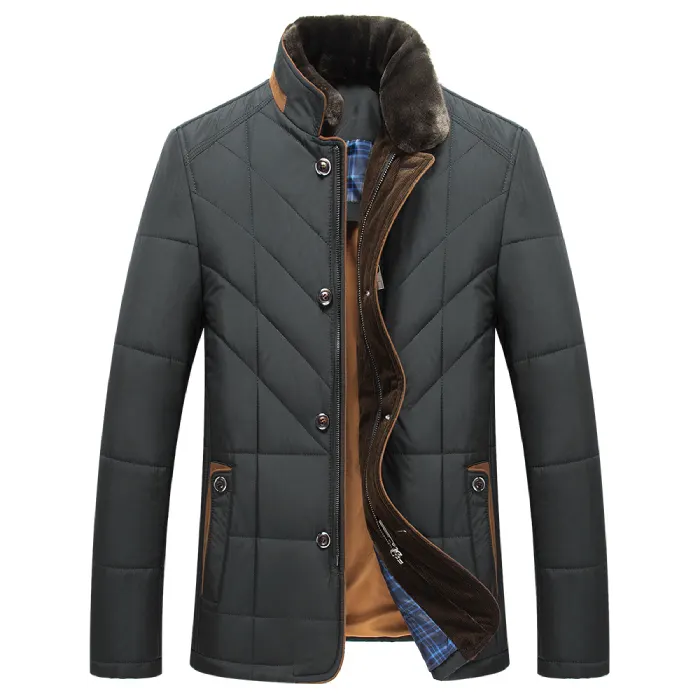 Quilted insulated jacket in dark green featuring a plush collar and detailed stitching.