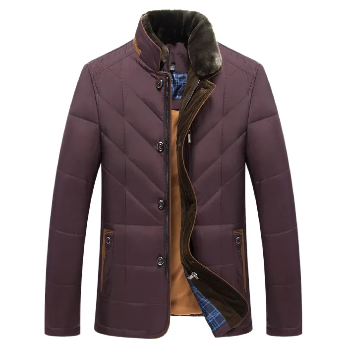 Quilted insulated jacket in maroon with warm interior lining and stylish button accents.