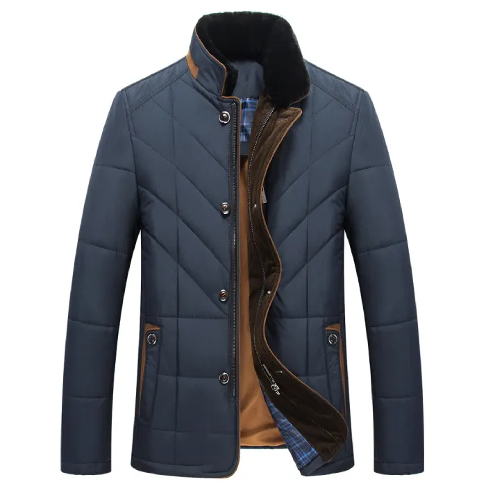 Quilted insulated jacket in navy blue with soft fur collar, button closure, and warm inner lining.