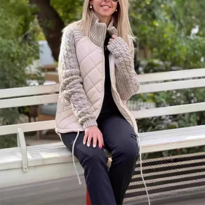 Quilted jacket in cream with diamond quilting and cozy knit sleeves, perfect for versatile layering and polished casual outfits