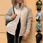 Quilted jacket showcasing neutral quilted panels with soft knit sleeves and high collar, ideal for chic cold weather outfits