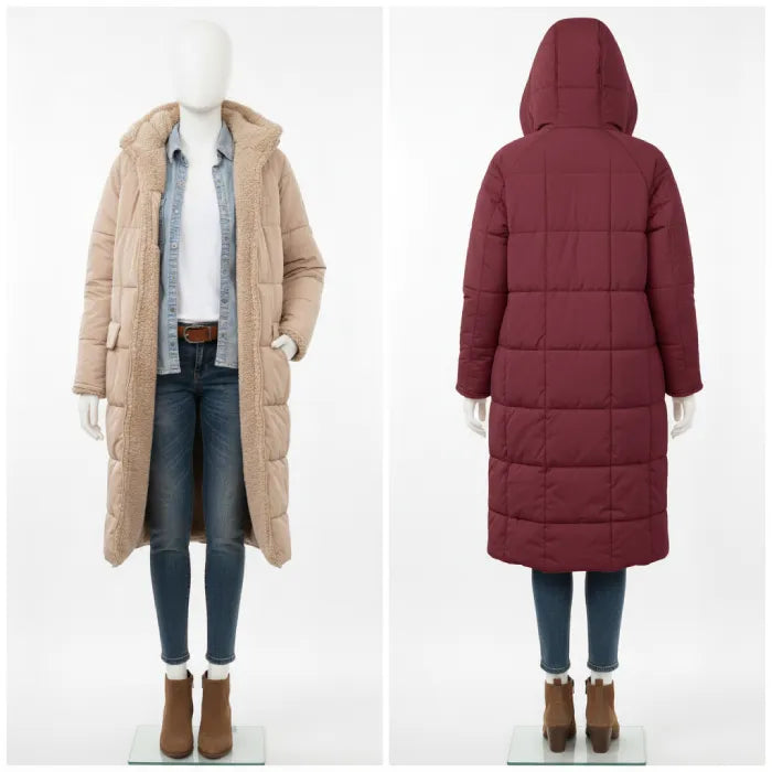 quilted puffer coat shown from front and back in beige and burgundy, long insulated women’s winter coat