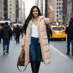 quilted puffer coat in beige styled downtown, long women’s winter outerwear designed for comfort warmth and daily wear