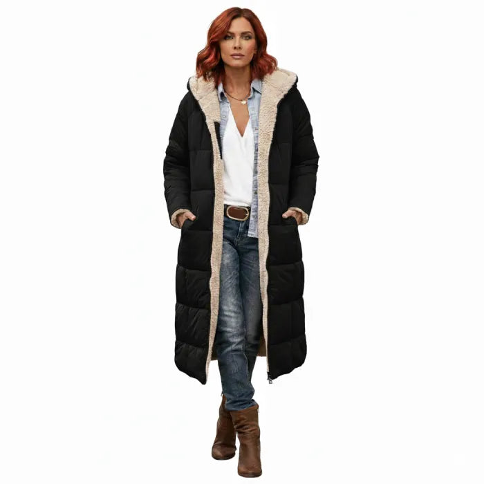 quilted puffer coat in black featuring long padded silhouette, women’s winter outerwear designed for warmth and comfort