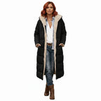 quilted puffer coat in black featuring long padded silhouette, women’s winter outerwear designed for warmth and comfort
