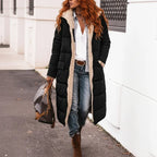 quilted puffer coat in black styled for urban wear, long women’s winter outerwear with insulated comfort