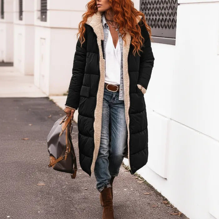 quilted puffer coat in black styled for urban wear, long women’s winter outerwear with insulated comfort