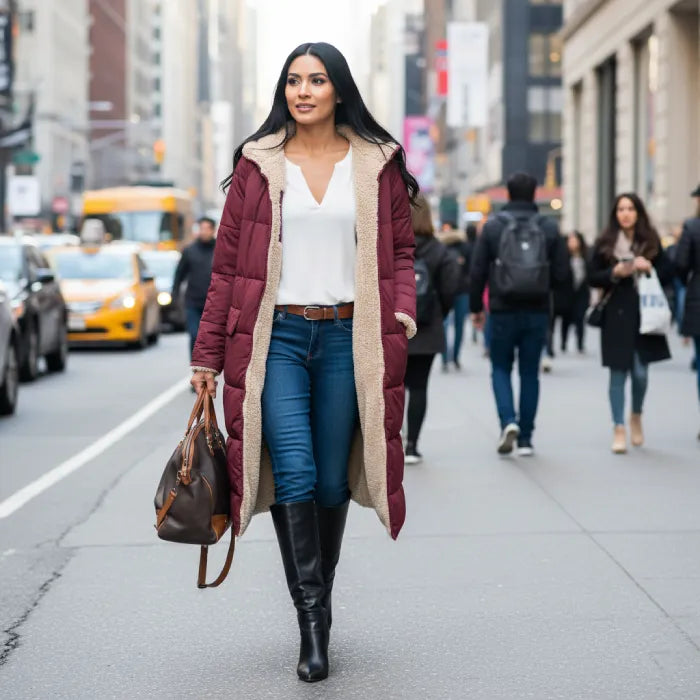 quilted puffer coat in burgundy styled for urban wear, long women’s winter coat delivering warmth comfort and modern appeal