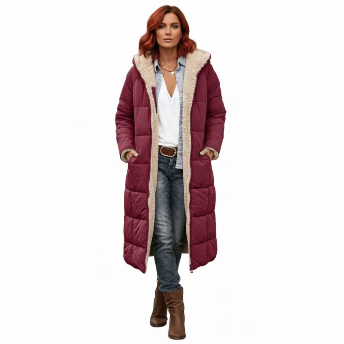 quilted puffer coat in burgundy featuring long padded design, women’s winter coat offering warmth and modern appeal