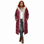 quilted puffer coat in burgundy featuring long padded design, women’s winter coat offering warmth and modern appeal
