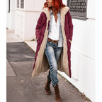 quilted puffer coat in burgundy styled for urban wear, long women’s winter outerwear with insulated comfort