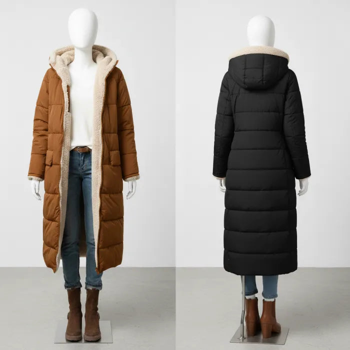 quilted puffer coat shown front and back in camel and black, long insulated women’s winter coat with hood