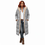 quilted puffer coat in light gray featuring long insulated fit, women’s winter outerwear designed for warmth and comfort
