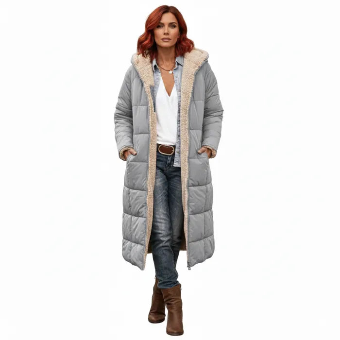 quilted puffer coat in light gray featuring long insulated fit, women’s winter outerwear designed for warmth and comfort
