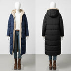 quilted puffer coat shown front and back in navy and black, long insulated women’s winter outerwear