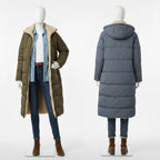 quilted puffer coat shown front and back in olive and gray, long insulated women’s winter outerwear with hood