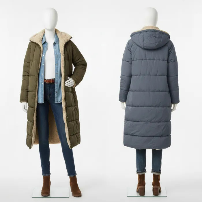 quilted puffer coat shown front and back in olive and gray, long insulated women’s winter outerwear with hood
