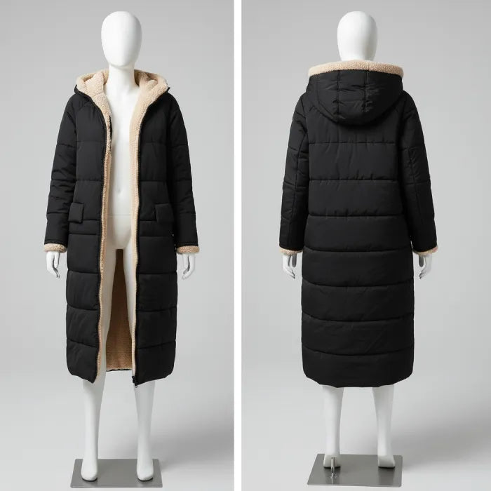 quilted puffer coat in black shown front and back, long women’s winter coat with hooded insulated design