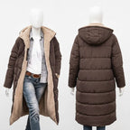 quilted puffer coat in brown shown front and back, long women’s winter coat with hooded insulated design for warmth
