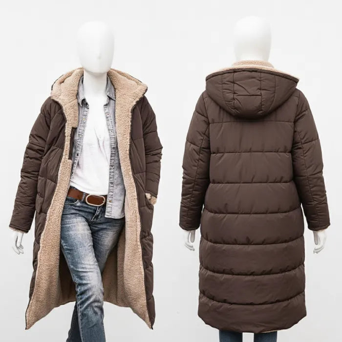 quilted puffer coat in brown shown front and back, long women’s winter coat with hooded insulated design for warmth