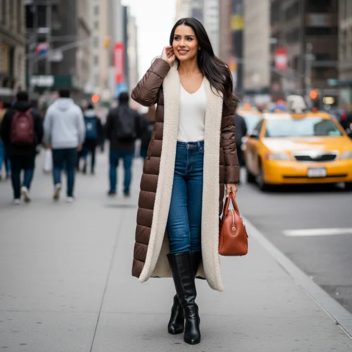 quilted puffer coat in brown worn on city street, long women’s winter coat offering warmth and everyday style