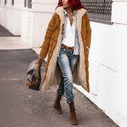 quilted puffer coat in camel brown worn on city street, long women’s winter coat offering warmth and everyday style