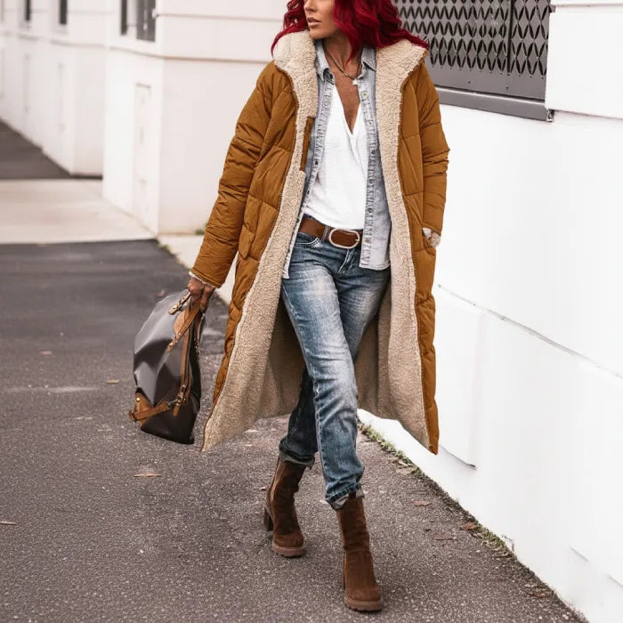 quilted puffer coat in camel brown worn on city street, long women’s winter coat offering warmth and everyday style