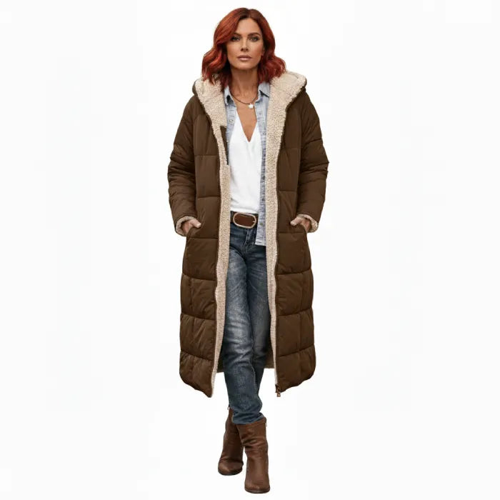 quilted puffer coat in chocolate brown with long insulated fit, women’s winter outerwear built for comfort and warmth