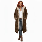 quilted puffer coat in chocolate brown with long insulated fit, women’s winter outerwear built for comfort and warmth