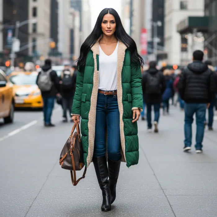 quilted puffer coat in green worn in urban setting, long insulated women’s winter coat built for warmth and style