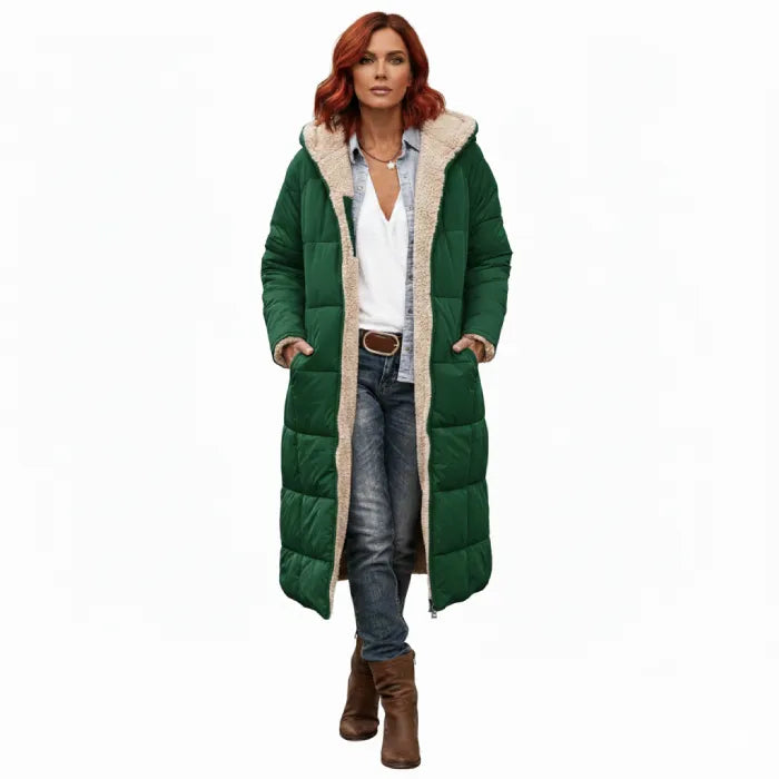quilted puffer coat in green with long insulated design, women’s winter coat offering warmth comfort and everyday style