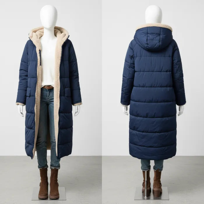 quilted puffer coat in navy displayed front and back, long women’s winter coat featuring quilted insulation