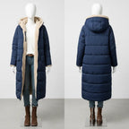 quilted puffer coat in navy displayed front and back, long women’s winter coat featuring quilted insulation