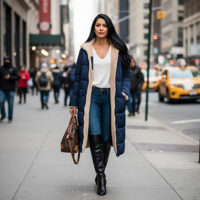 quilted puffer coat in navy worn on city street, long insulated winter outerwear for women offering warmth and style