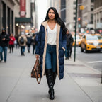 quilted puffer coat in navy worn on city street, long insulated winter outerwear for women offering warmth and style