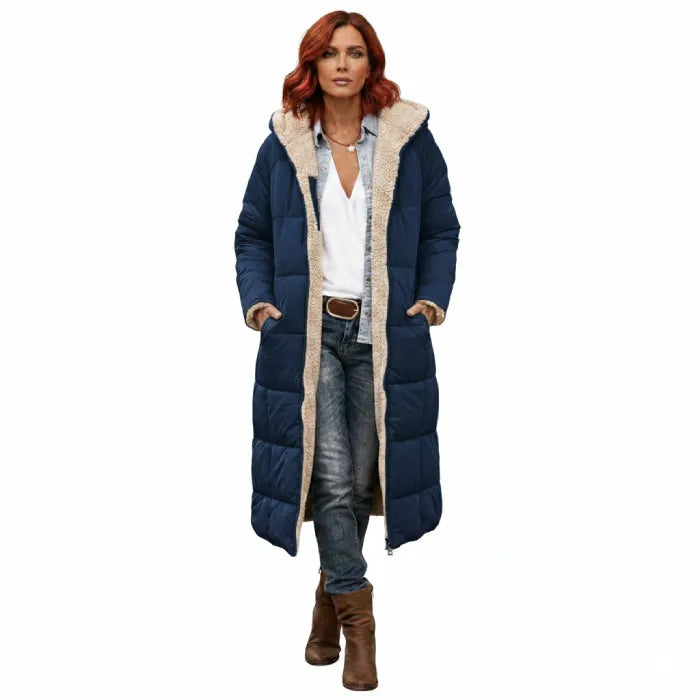quilted puffer coat in navy blue with long insulated design, women’s winter coat offering warmth comfort and everyday wear