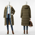 quilted puffer coat in olive displayed front and back, long hooded women’s winter coat designed for warmth