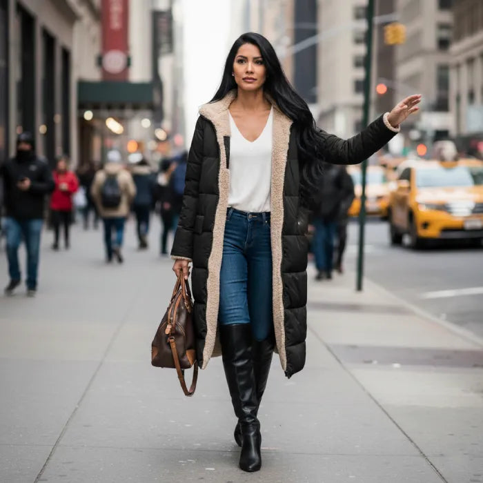 quilted puffer coat in black worn downtown, long insulated women’s winter outerwear designed for everyday city comfort