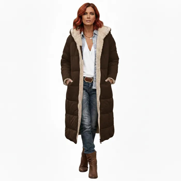 quilted puffer coat in dark brown styled in long fit, women’s insulated winter outerwear offering warmth and durability