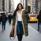 quilted puffer coat in olive worn on city street, long insulated women’s winter coat offering modern fit and warmth