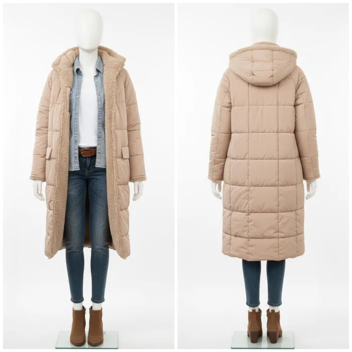 quilted puffer coat in beige shown front and back, long women’s winter outerwear offering warmth comfort and coverage