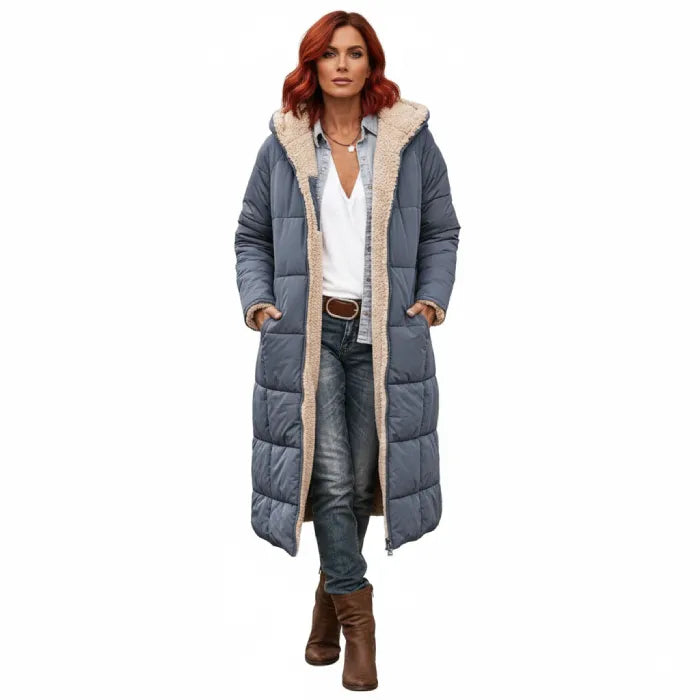 quilted puffer coat in blue gray styled in long fit, women’s winter outerwear offering insulation warmth and comfort