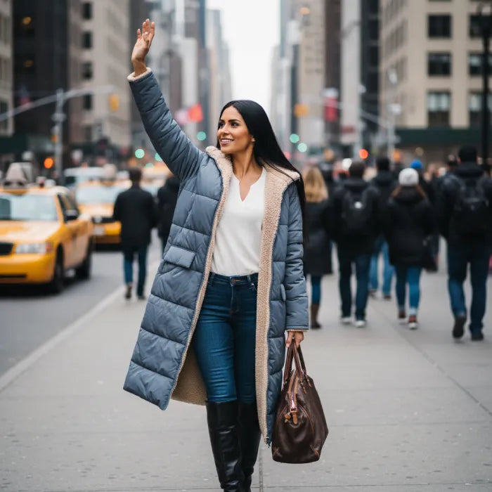 quilted puffer coat in blue styled for urban winter, long women’s insulated outerwear delivering comfort and protection
