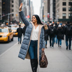 quilted puffer coat in blue styled for urban winter, long women’s insulated outerwear delivering comfort and protection