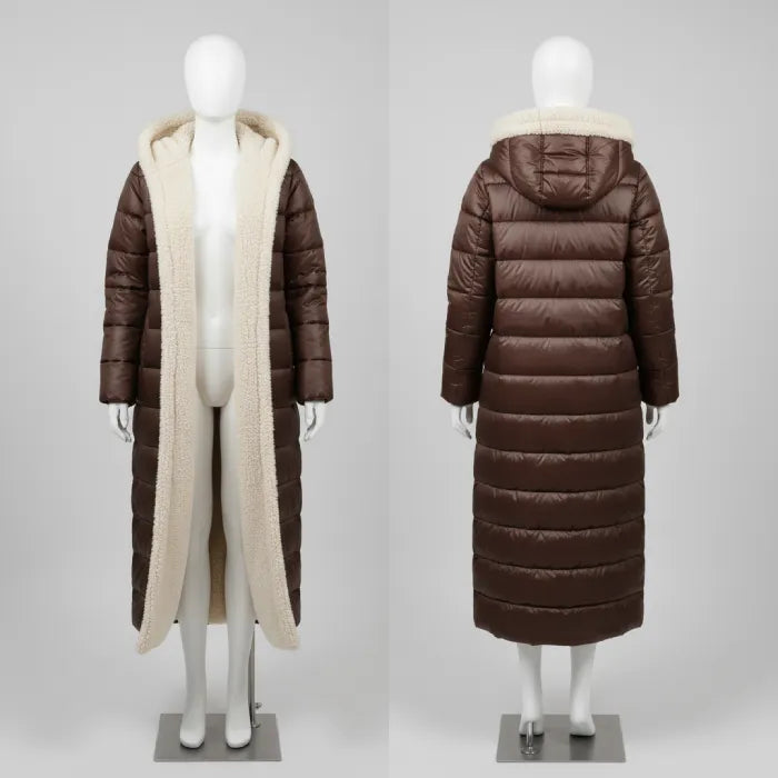 quilted puffer coat in brown shown front and back, long insulated women’s winter outerwear with hood